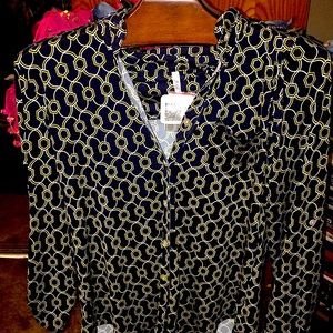 NWT D.N.A Couture Blouse by Nadine West, Navy blue, yellow and white. Size lg